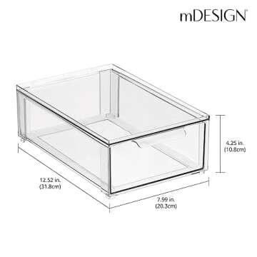 mDesign Plastic Pantry Organization and Storage Bin w/Pull Out Drawer - Shallow Stackable Kitchen Supplies Storage Container for Organizing Cabinet, Fridge, Freezer, Lumiere Collection, 8 Pack, Clear