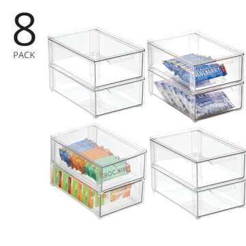 mDesign Plastic Pantry Organization and Storage Bin w/Pull Out Drawer - Shallow Stackable Kitchen Supplies Storage Container for Organizing Cabinet, Fridge, Freezer, Lumiere Collection, 8 Pack, Clear