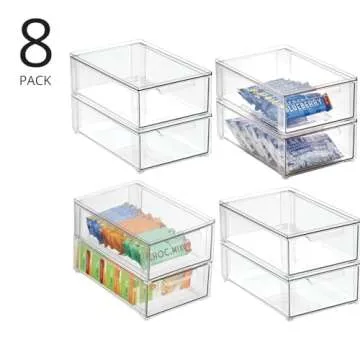 mDesign Plastic Pantry Organization and Storage Bin w/Pull Out Drawer - Shallow Stackable Kitchen Supplies Storage Container for Organizing Cabinet, Fridge, Freezer, Lumiere Collection, 8 Pack, Clear