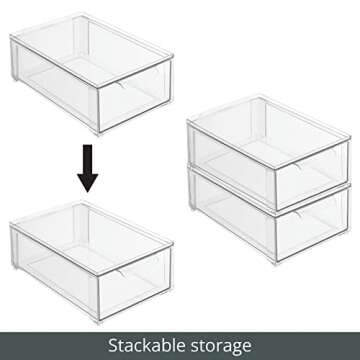mDesign Plastic Pantry Organization and Storage Bin w/Pull Out Drawer - Shallow Stackable Kitchen Supplies Storage Container for Organizing Cabinet, Fridge, Freezer, Lumiere Collection, 8 Pack, Clear
