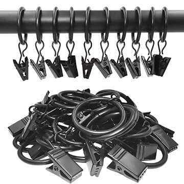 AMZSEVEN 44 Pack Metal Curtain Rings with Clips, Drapery Clips with Rings, Drapes Rings 1 in I D, Fits Diameter 6/8 in Curtain Rod, Black