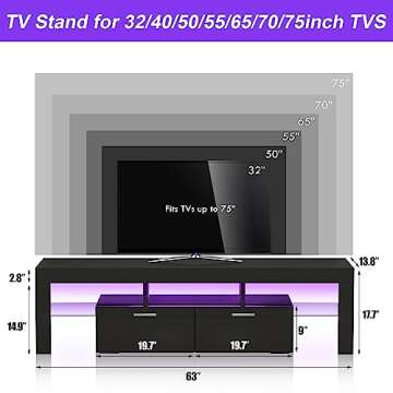DMIDYLL Black 63 inch TV Stand with LED Lights for 55 60 65 70 75 Inch TVs, Modern TV Console with Storage Drawers for Living Room, Bedroom, High Gloss LED Entertainment Center