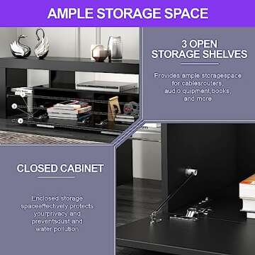 DMIDYLL Black 63 inch TV Stand with LED Lights for 55 60 65 70 75 Inch TVs, Modern TV Console with Storage Drawers for Living Room, Bedroom, High Gloss LED Entertainment Center