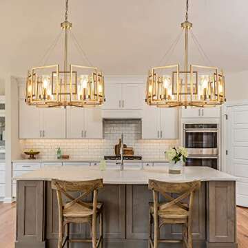IKK Modern Gold Farmhouse Chandeliers for Dining Room, 6-Lights Gold Drum Metal Frame Light Fixture,...