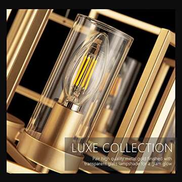 IKK Modern Gold Farmhouse Chandeliers for Dining Room, 6-Lights Gold Drum Metal Frame Light Fixture, Easy Install, 20" Large Pendant Lighting with Clear Glass Shade for Island Kitchen Room Foyer