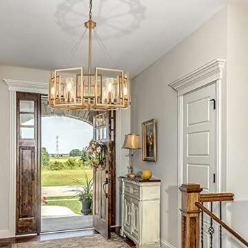 IKK Modern Gold Farmhouse Chandeliers for Dining Room, 6-Lights Gold Drum Metal Frame Light Fixture, Easy Install, 20" Large Pendant Lighting with Clear Glass Shade for Island Kitchen Room Foyer