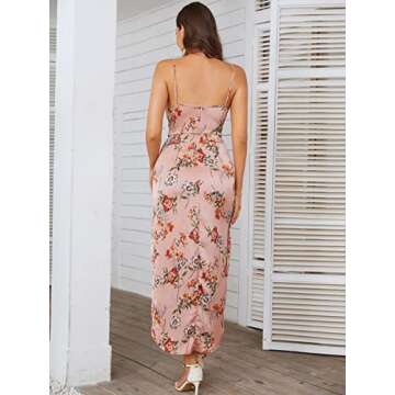 Aigeman Women's Spaghetti Straps Sexy Backless Satin Maxi Dress Summer Wedding Guest Dress Cocktail Party Dresses 7291(Small,Satin Pink Flower)