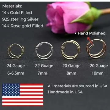 7mm Small Spiral Nose Rings Hoops for Women Men,14K Gold Filled, 20g, Thin Small Double Nose Hoop Ring for Single Piercing, Dainty Nostril Nose Jewelry, Handmade in USA（7 mm 20 Guage, Right Side）