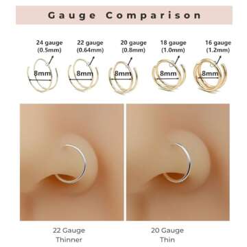 7mm Small Spiral Nose Rings Hoops for Women Men,14K Gold Filled, 20g, Thin Small Double Nose Hoop Ring for Single Piercing, Dainty Nostril Nose Jewelry, Handmade in USA（7 mm 20 Guage, Right Side）
