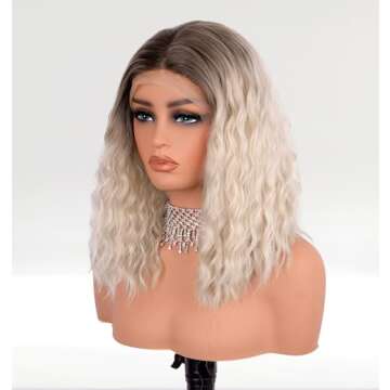vedar Platinum Blonde Hair Short Curly Lace Front Wigs for Women, Ombre Brown Light Blonde Synthetic Wigs Wob Wigs 12 inch VEDAR-031-12