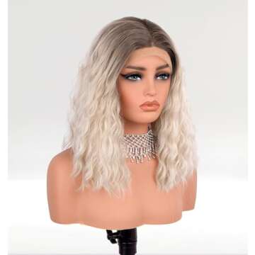 vedar Platinum Blonde Hair Short Curly Lace Front Wigs for Women, Ombre Brown Light Blonde Synthetic Wigs Wob Wigs 12 inch VEDAR-031-12