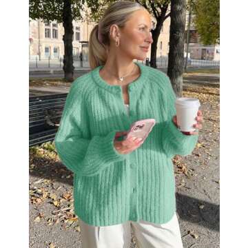 Yimoon Womens Y2K Cardigan Sweater Crewneck Long Sleeve Button Down Cropped Chunky Knit Cardigan Outwear 2024 Fall(Green-L)