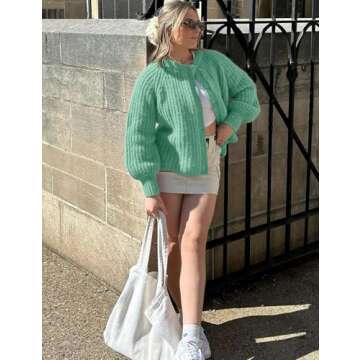 Yimoon Womens Y2K Cardigan Sweater Crewneck Long Sleeve Button Down Cropped Chunky Knit Cardigan Outwear 2024 Fall(Green-L)