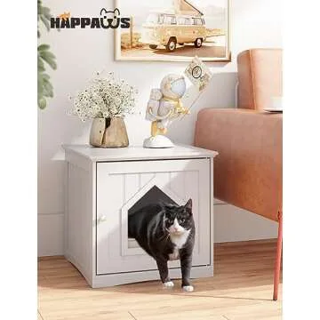 HAPPAWS Cat Litter Box Enclosure Furniture, Modern Cat Box Furniture Hidden, Sturdy Wooden Night Sta...