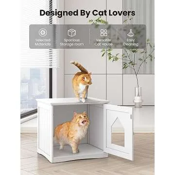 HAPPAWS Cat Litter Box Enclosure Furniture, Modern Cat Box Furniture Hidden, Sturdy Wooden Night Stand & Cat House Side Table, Easy Assembly, Fit Most of Litter Box, White