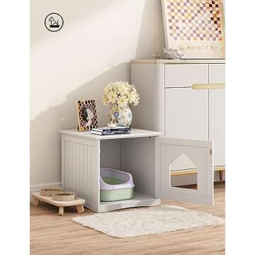HAPPAWS Cat Litter Box Enclosure Furniture, Modern Cat Box Furniture Hidden, Sturdy Wooden Night Stand & Cat House Side Table, Easy Assembly, Fit Most of Litter Box, White