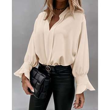 Valphsio Women's Flared Sleeves Tops V Neck Workwear Casual Loose Chiffon Blouses Shirt Khaki