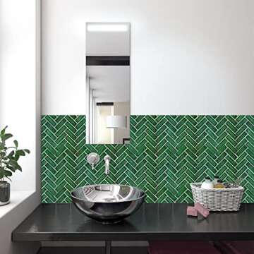Green Peel and Stick Backsplash Herringbone Tile, Renter Friendly Backsplash Emerald Green Stick on Backsplash for Kitchen Bathroom (10 Sheets)