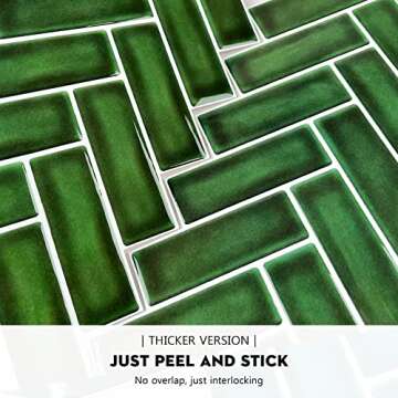 Green Peel and Stick Backsplash Herringbone Tile, Renter Friendly Backsplash Emerald Green Stick on Backsplash for Kitchen Bathroom (10 Sheets)