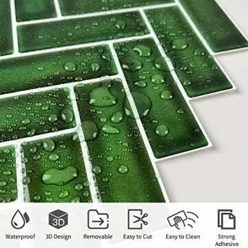 Green Peel and Stick Backsplash Herringbone Tile, Renter Friendly Backsplash Emerald Green Stick on Backsplash for Kitchen Bathroom (10 Sheets)