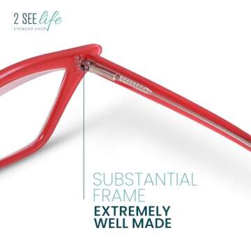 Red Funky Cat Eye Reading Glasses for Women with Sturdy Design - Spring Hinges Half Frame Cateye Readers for Women - Trendy for all Face Shape Fashion Glasses for Women - Cheaters Reading Glasses 2.0+