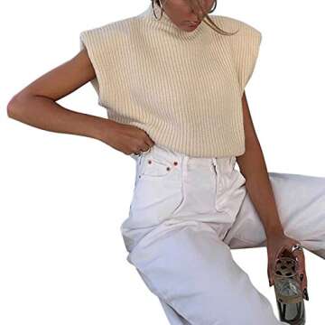 Women Shoulder Pad Sweater Top Sleeveless Turtleneck Pullover Vest Wide Shoulder Knitted Jumper Top (Apricot, S)