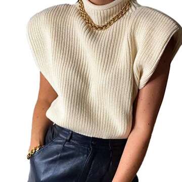 Women Shoulder Pad Sweater Top Sleeveless Turtleneck Pullover Vest Wide Shoulder Knitted Jumper Top (Apricot, S)