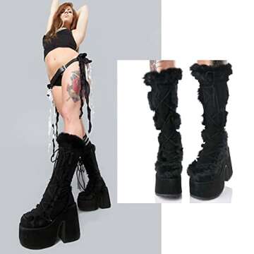 VIMISAOI Womens Mid Calf Boots, Lace Up Zip Block Chunky High Heel Punk Goth Warm Fur Winter Snow Pl...