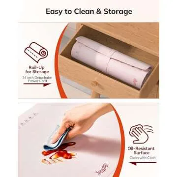 Laudlife Electric Warming Mat for Food, Roll-Up Silicone Heating Pad with 7 Adjustable Tempmaster Levels, Foldable Warming Tray for Countertop,Buffet Party, Kitchen & Home Daily Use, Child Lock, Pink