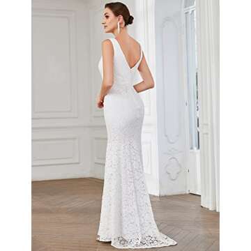 Ever-Pretty Womens Sexy Double V-Neck Sheer Bust Long Lace Beach Wedding Dress 8 US White