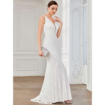 Ever-Pretty Womens Sexy Double V-Neck Sheer Bust Long Lace Beach Wedding Dress 8 US White