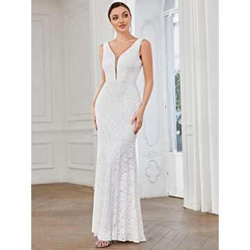 Ever-Pretty Womens Sexy Double V-Neck Sheer Bust Long Lace Beach Wedding Dress 8 US White