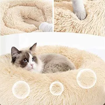 SlowTon Calming Dog Bed for Small Medium Large Dogs Cats, Donut Cuddler Cozy Warm Anti-Anxiety Puppy Cat Cushion Mat, Ultra Soft Fluffy Plush Round Pet Pillow No Slip Machine Washable(Beige,20")