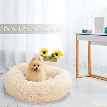 SlowTon Calming Dog Bed for Small Medium Large Dogs Cats, Donut Cuddler Cozy Warm Anti-Anxiety Puppy Cat Cushion Mat, Ultra Soft Fluffy Plush Round Pet Pillow No Slip Machine Washable(Beige,20")