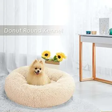 SlowTon Calming Dog Bed for Small Medium Large Dogs Cats, Donut Cuddler Cozy Warm Anti-Anxiety Puppy Cat Cushion Mat, Ultra Soft Fluffy Plush Round Pet Pillow No Slip Machine Washable(Beige,20")