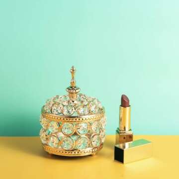 Feyarl Glam Crystal Jewelry Box Sparkly Trinket Organizer Earrings Rings Box Treasure Keepsake Box Storage Mirror Surface with Lid for Valentine Wedding BirthdayTabletop Bedroom Decoration(Gold)