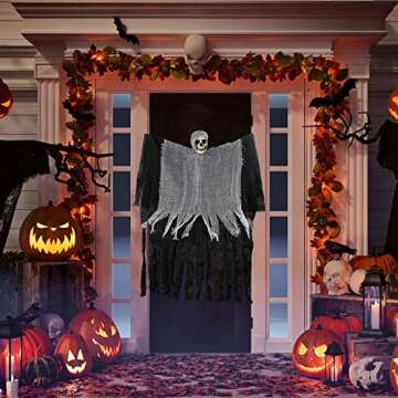2PCS Halloween Hanging Skeleton Ghost Scary Skull Skeleton Halloween Hanging Decorations for Front Y...