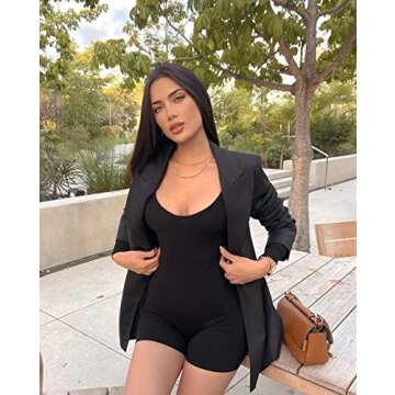 OQQ Women's Yoga One Piece Ribbed Spaghetti Strap Exercise Romper, Black, Large