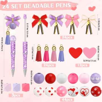 Cholemy 24 Pcs 24 Pcs Valentine Plastic Pink Beadable Pens Bulk Bead Ballpoint Pen with Wood Beads a...