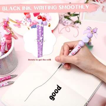 Cholemy 24 Pcs 24 Pcs Valentine Plastic Pink Beadable Pens Bulk Bead Ballpoint Pen with Wood Beads and Accessories Bow Knot DIY Crafts Gift Set for Valentine's Party Favors