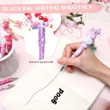 Cholemy 24 Pcs 24 Pcs Valentine Plastic Pink Beadable Pens Bulk Bead Ballpoint Pen with Wood Beads and Accessories Bow Knot DIY Crafts Gift Set for Valentine's Party Favors