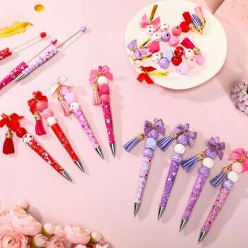 Cholemy 24 Pcs 24 Pcs Valentine Plastic Pink Beadable Pens Bulk Bead Ballpoint Pen with Wood Beads and Accessories Bow Knot DIY Crafts Gift Set for Valentine's Party Favors