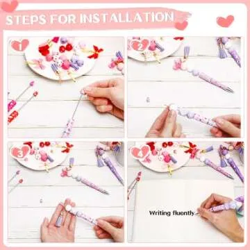 Cholemy 24 Pcs 24 Pcs Valentine Plastic Pink Beadable Pens Bulk Bead Ballpoint Pen with Wood Beads and Accessories Bow Knot DIY Crafts Gift Set for Valentine's Party Favors