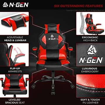 N-GEN Gaming Chair Ergonomic Office Chair PC Desk Chair with Lumbar Support Flip Up Arms Levelled Se...