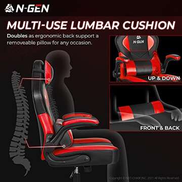 N-GEN Gaming Chair Ergonomic Office Chair PC Desk Chair with Lumbar Support Flip Up Arms Levelled Seat Style Headrest PU Leather Executive High Back Computer Chair for Adults Women Men (4. Red)