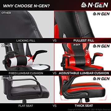 N-GEN Gaming Chair Ergonomic Office Chair PC Desk Chair with Lumbar Support Flip Up Arms Levelled Seat Style Headrest PU Leather Executive High Back Computer Chair for Adults Women Men (4. Red)