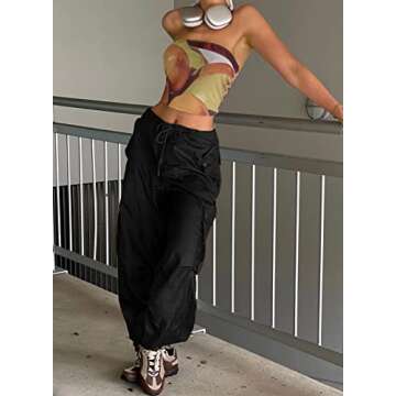 ARTFREE Cargo Pants for Women Baggy Parachute Pants with Pockets Low Waisted Loose Y2K Drawstring Casual Pants Black