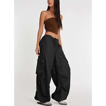 ARTFREE Cargo Pants for Women Baggy Parachute Pants with Pockets Low Waisted Loose Y2K Drawstring Casual Pants Black