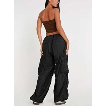 ARTFREE Cargo Pants for Women Baggy Parachute Pants with Pockets Low Waisted Loose Y2K Drawstring Casual Pants Black