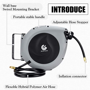 Air Hose Reel Retractable 3/8 in x 50 ft Heavy Duty Hose